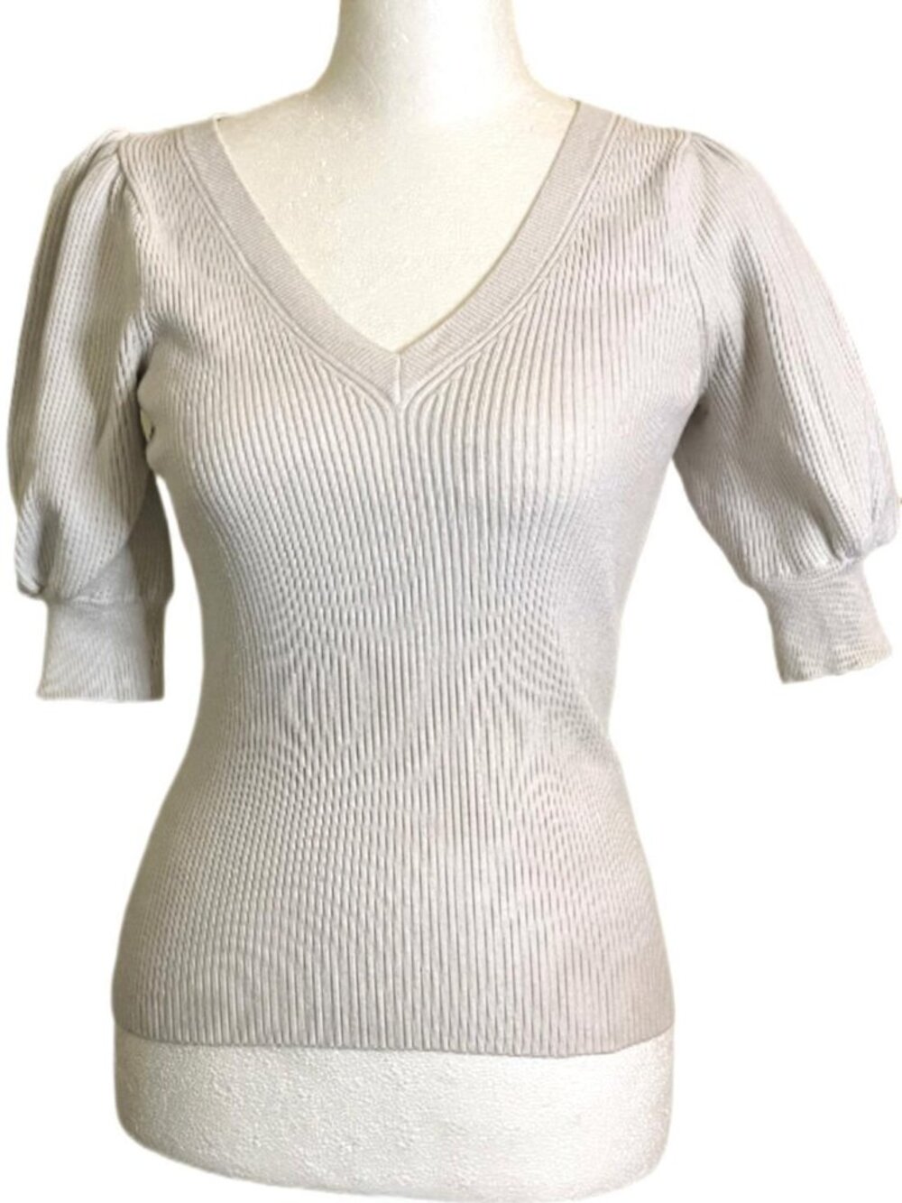 Ramy Brook Beige V-Neck, Puff Sleeve Knit/Ribbed Knit Blend Stretch Top Size XXS